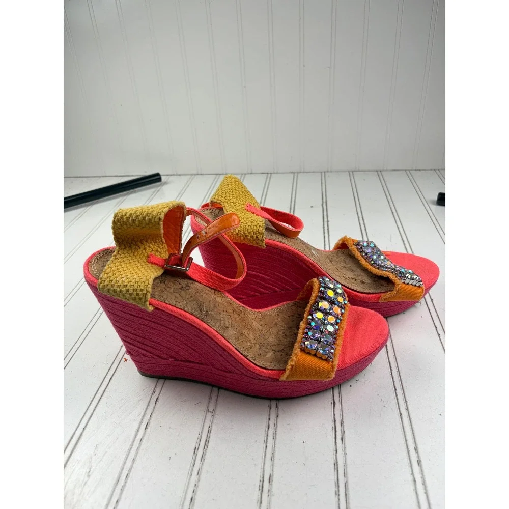 Gianni Bini Vintage Y2K Pink Orange Jeweled Wedge Heel Sandals Women's Size 10M